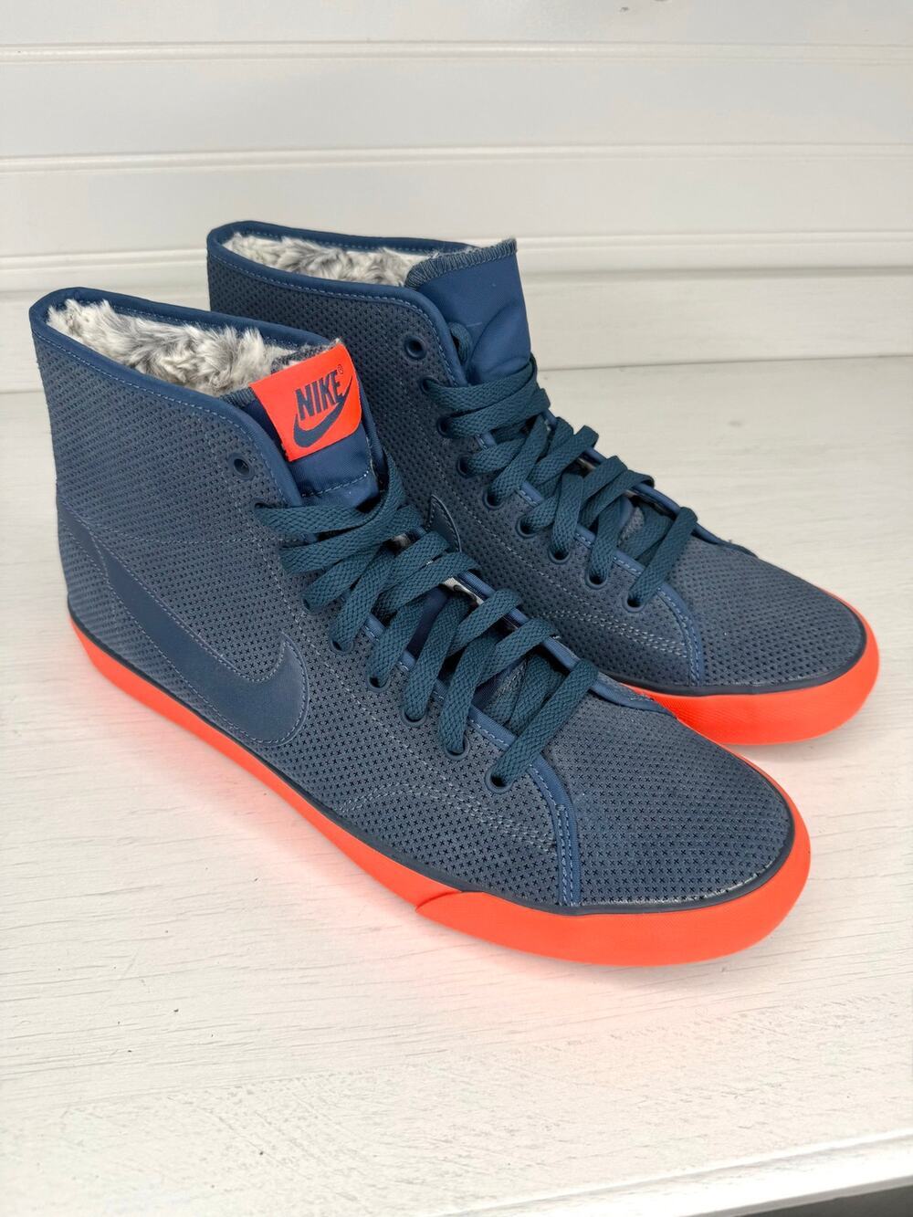 NEW- Nike Women's Primo Court Mid Suede Blue Orange Fur Lined Sneakers Size 11
